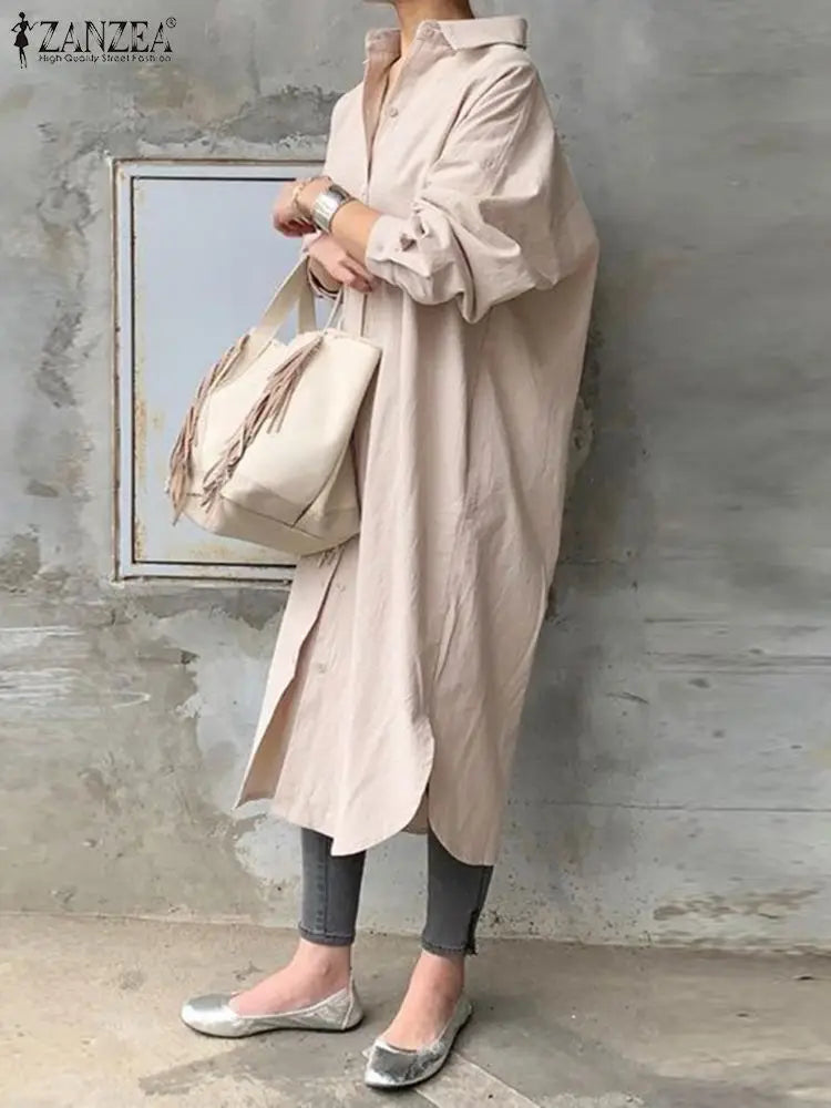 ZANZEA Women Autumn Sundress Elegant Long Shirt Dress Lapel Neck Long Sleeve Solid Vestido Casual Loose Work Dresses Robe Femme